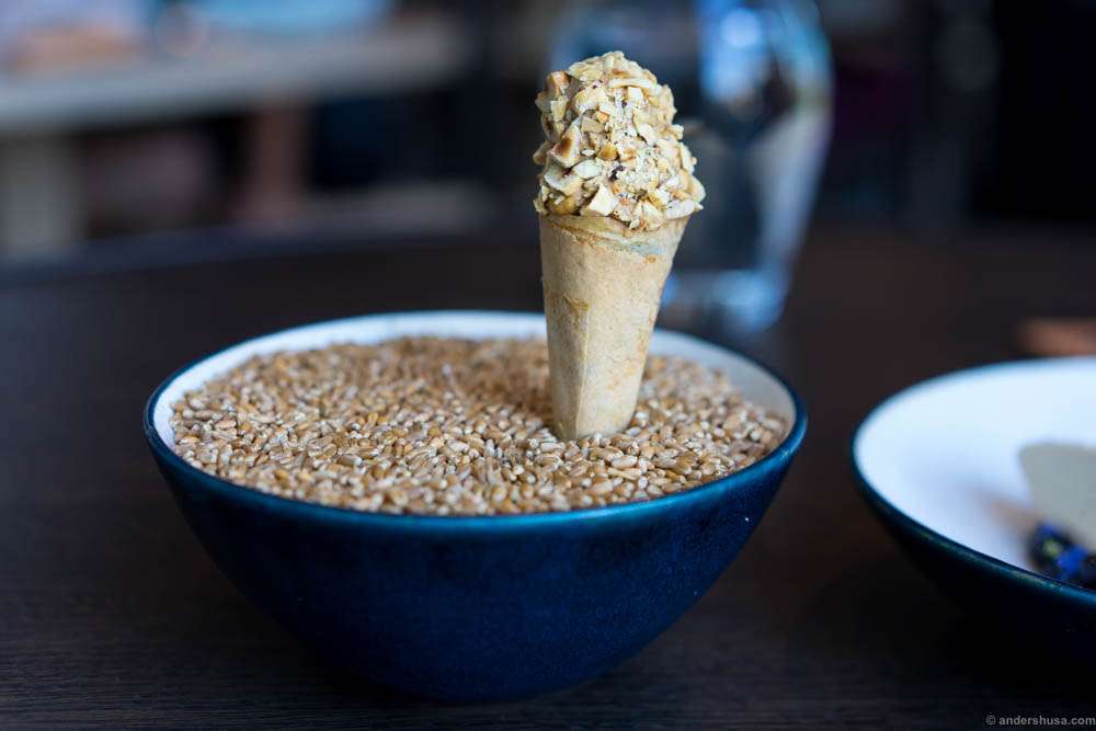 Sourdough cone filled with toasted barley ice cream and hazelnuts