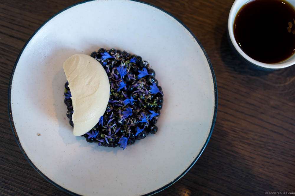 Wild blueberries with spices and a cream seasoned with toasted seaweed and ale
