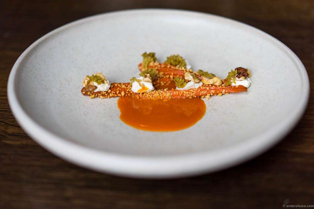 Dehydrated carrots rehydrated in their own juice, pickled orpin flowers, sour curd & concentrated carrot juice with browned butter