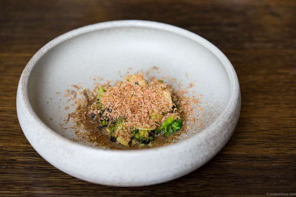 Broccoli, almond tofu, shaved, dried beef heart, and a vinaigrette of fermented cep mushrooms.