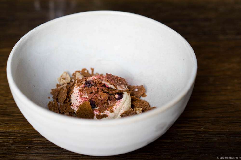 Ice cream of grains, freeze-dried juniper berries, and mushroom oil.