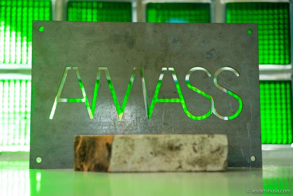 Amass' industrial sign in the entrance area.