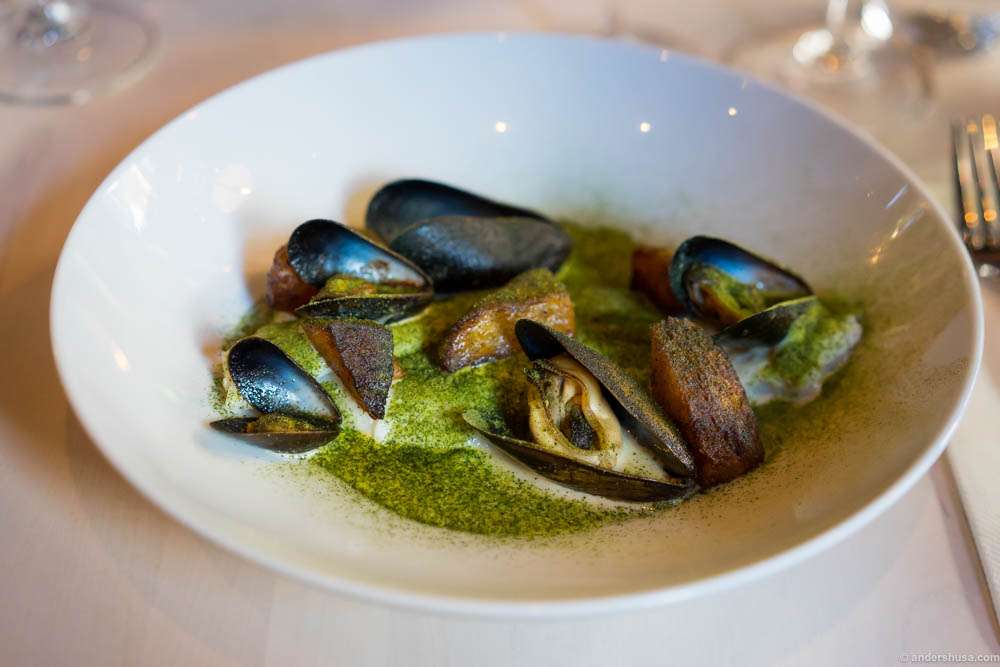 Milk-poached flounder, mussels & burnt kohlrabi