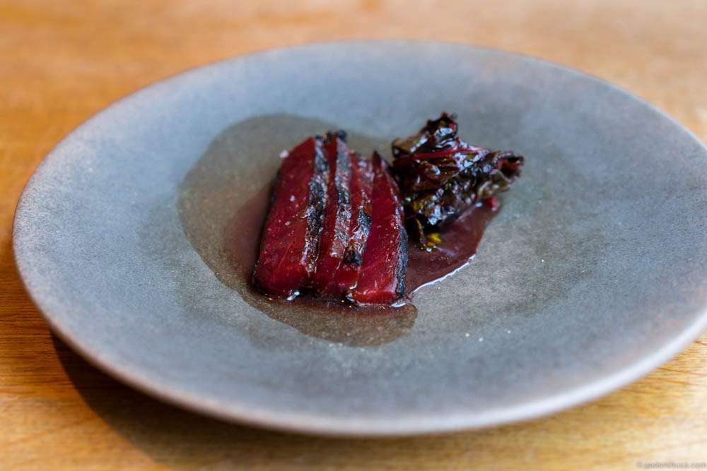 Red beet "beef," red wine sauce infused with "søl" & fried beet leaves on the side
