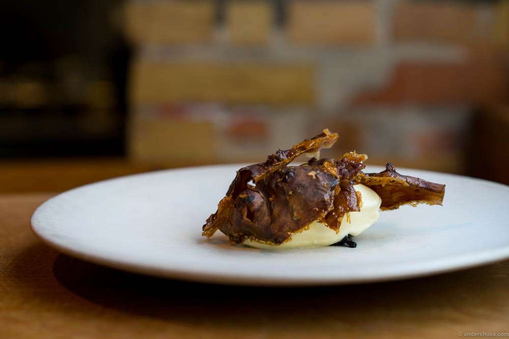 Jerusalem artichoke ice cream, crispy Jerusalem artichoke skins and day-old bread in malt oil