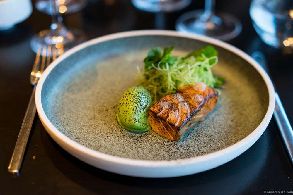 Burnt salmon with watercress ice cream
