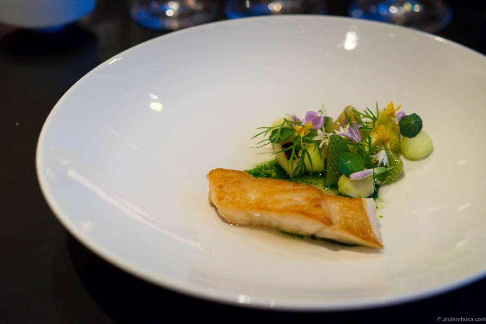 Fried turbot with green strawberries, apple and horseradish