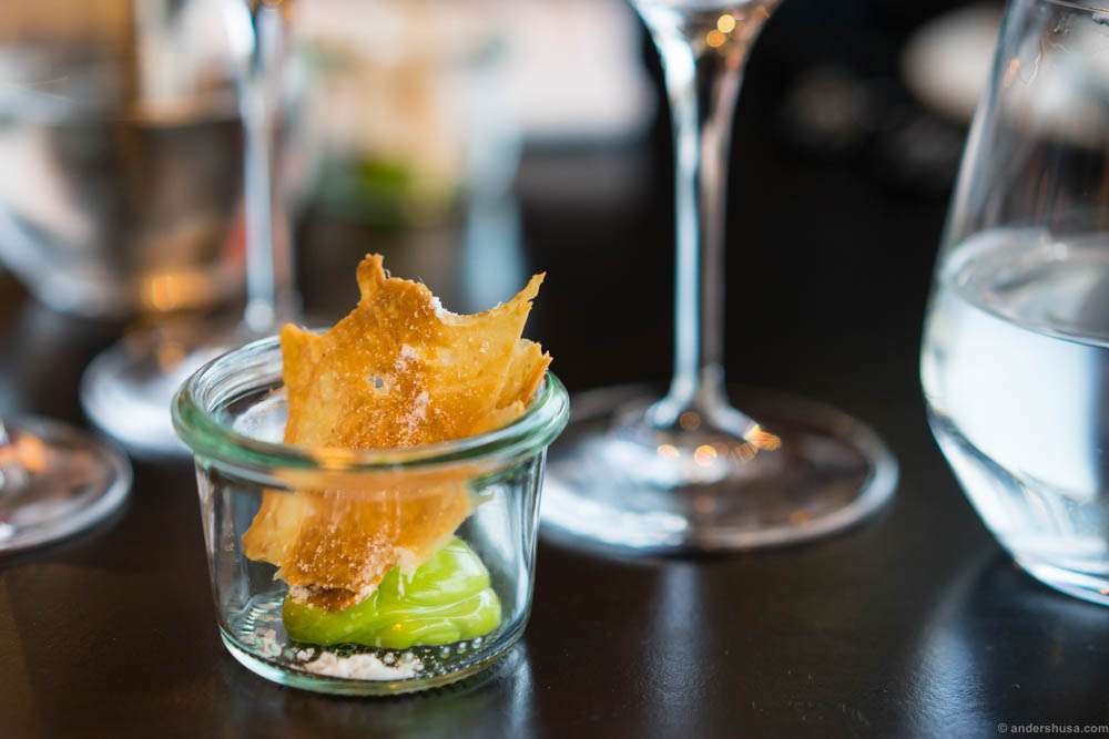 Small snack to start. Crispy chicken skin and tarragon emulsion