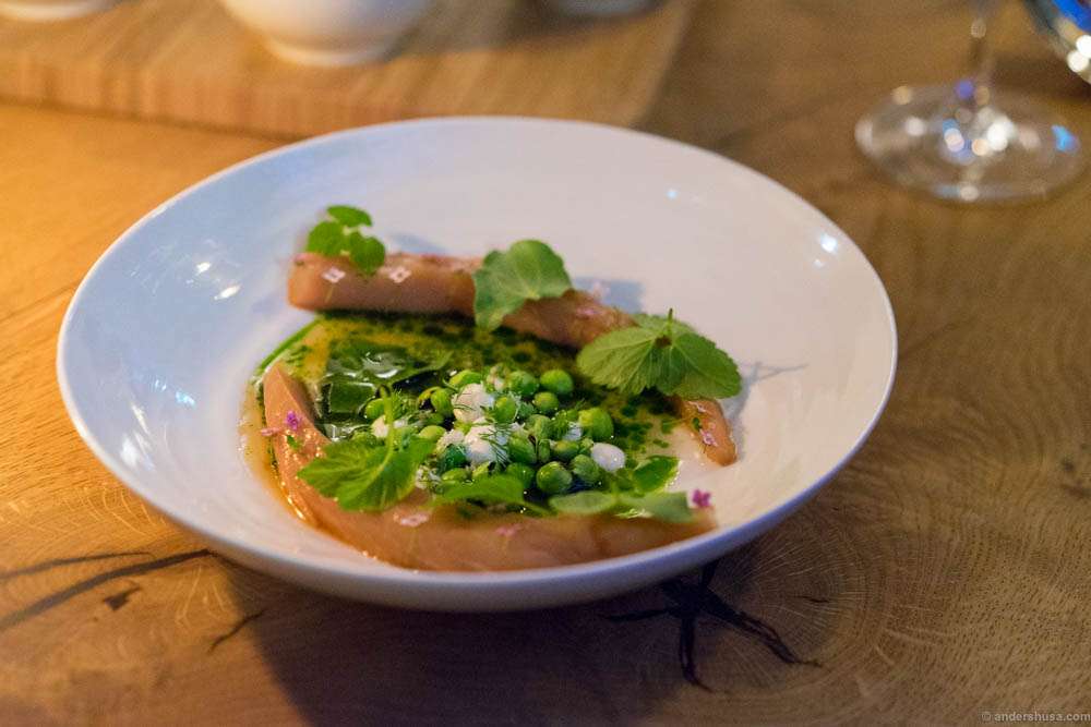 Smocked mackerel, peas, ponzu and fresh cheese