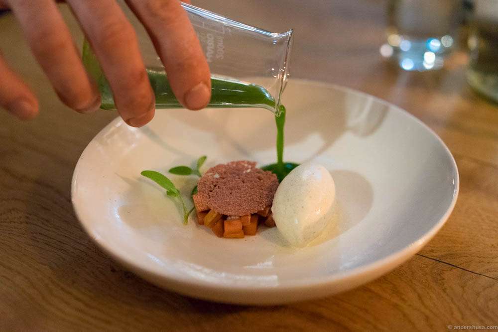 Rhubarb compote, honey cracker, rose dust, Polynesian vanilla ice cream and wheat grass sauce