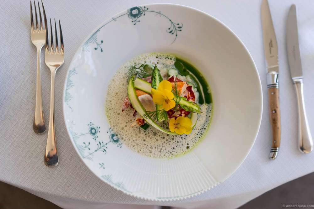 Langoustine with pearl barley, green asparagus, mussel sauce and parsley oil