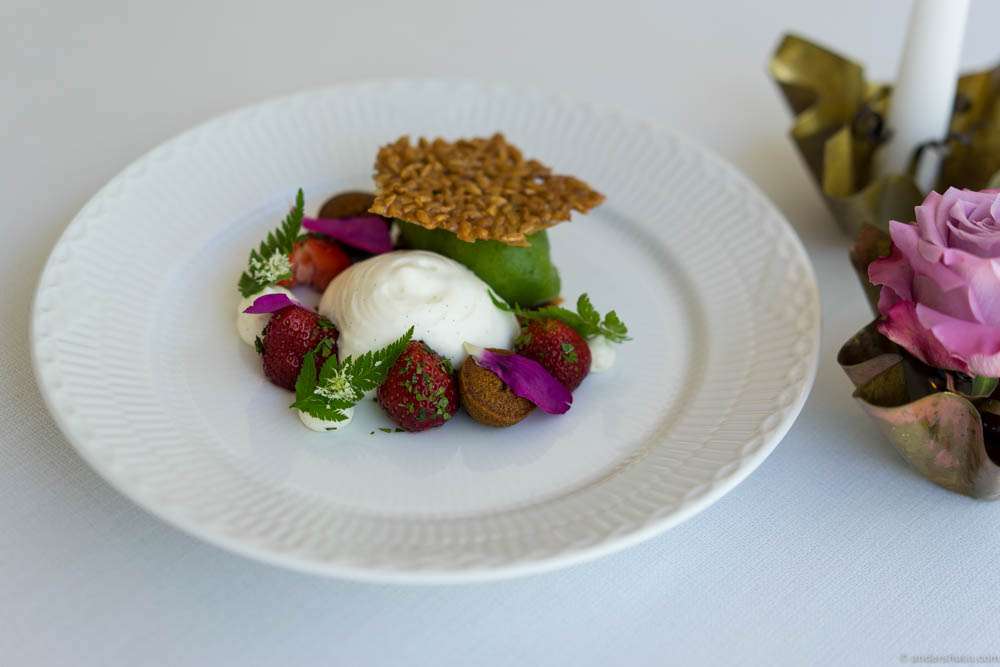 Fresh strawberries, wrinkled sorrel sorbet "ymer" foam, malt cookies and caramelized sunflower seeds