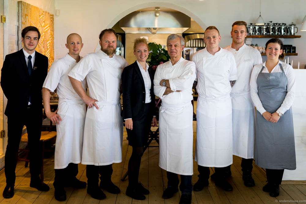 The whole team at restaurant Lieffroy. Patrick Lieffroy (son), Helle Barnholt (restaurant manager) and Jean Louis Lieffroy (the dad) in the middle