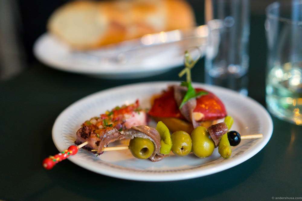 My selection of pintxos. Pepper with crab in the back