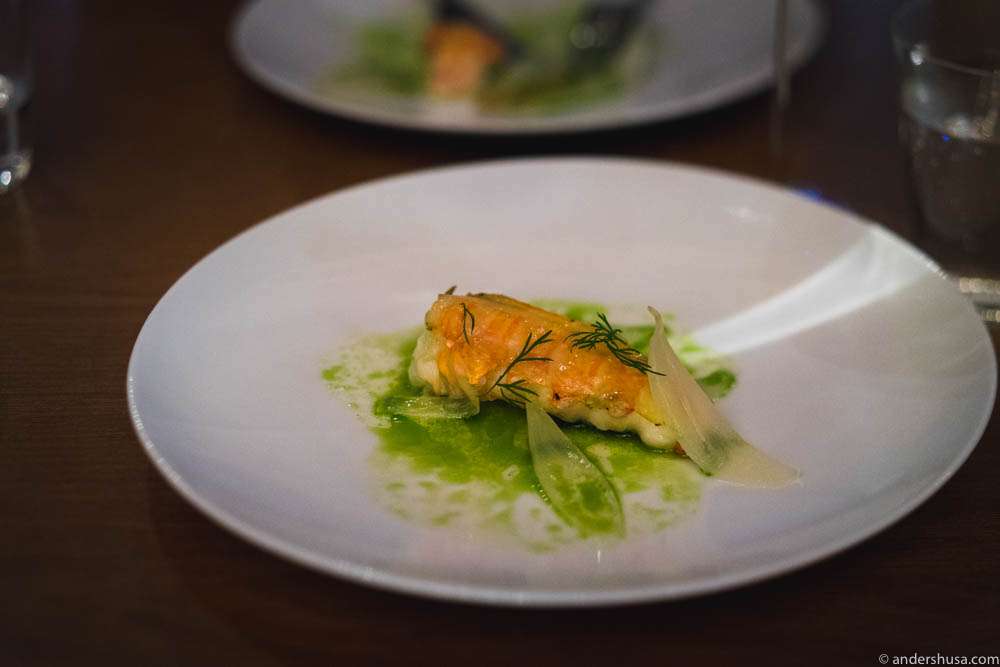 Gently cooked langoustine from Frøya, cooked onions, fermented lemon, buttermilk, dill and 3-years-old lardo from Amass in Copenhagen