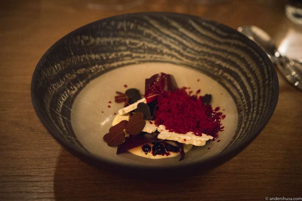 Pickled black currants, red currant flakes, red currants and red beets granita, and thyme and fresh cheese cream