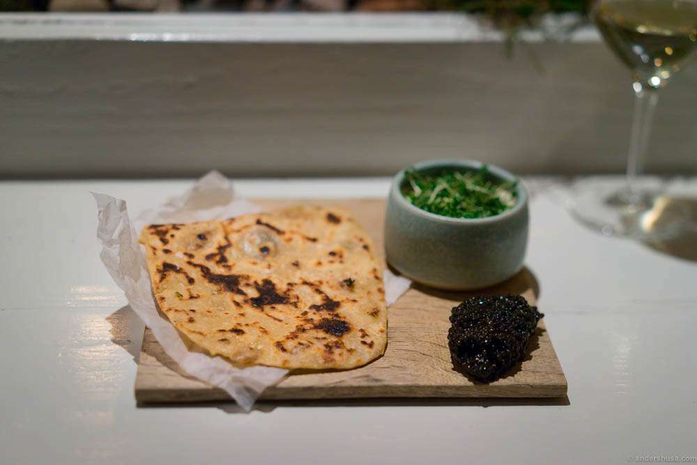 Baerii caviar, fermented potato bread & horseradish blanquette
