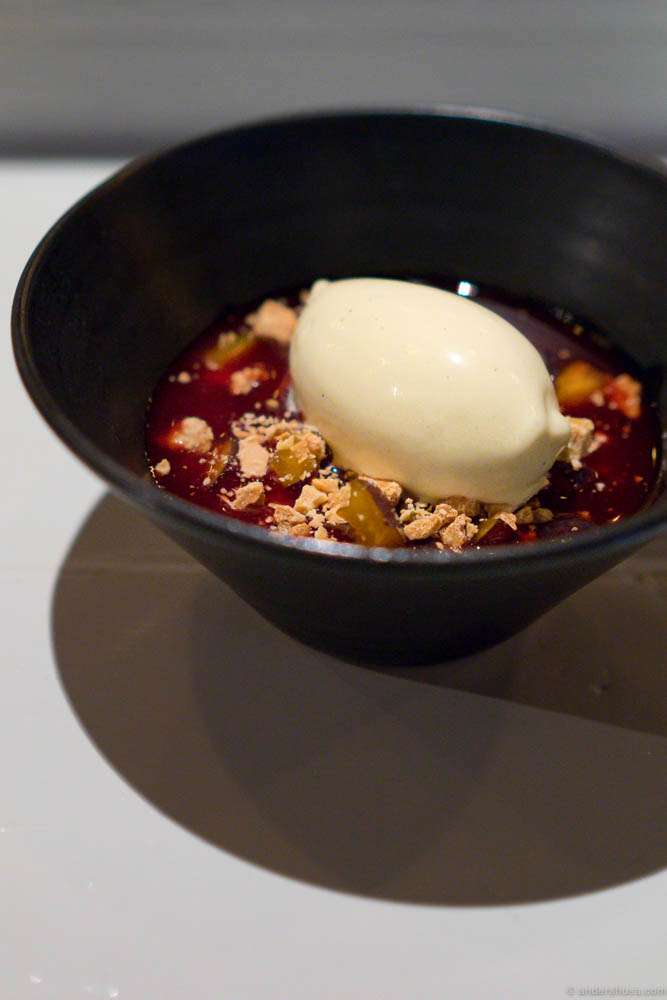 Baked plums, pineappleweed ice cream, caramelized white chocolate & fermented juice