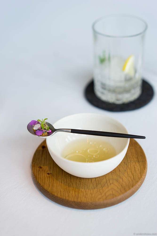 Tomato water, ham fat & aromatic herbs
