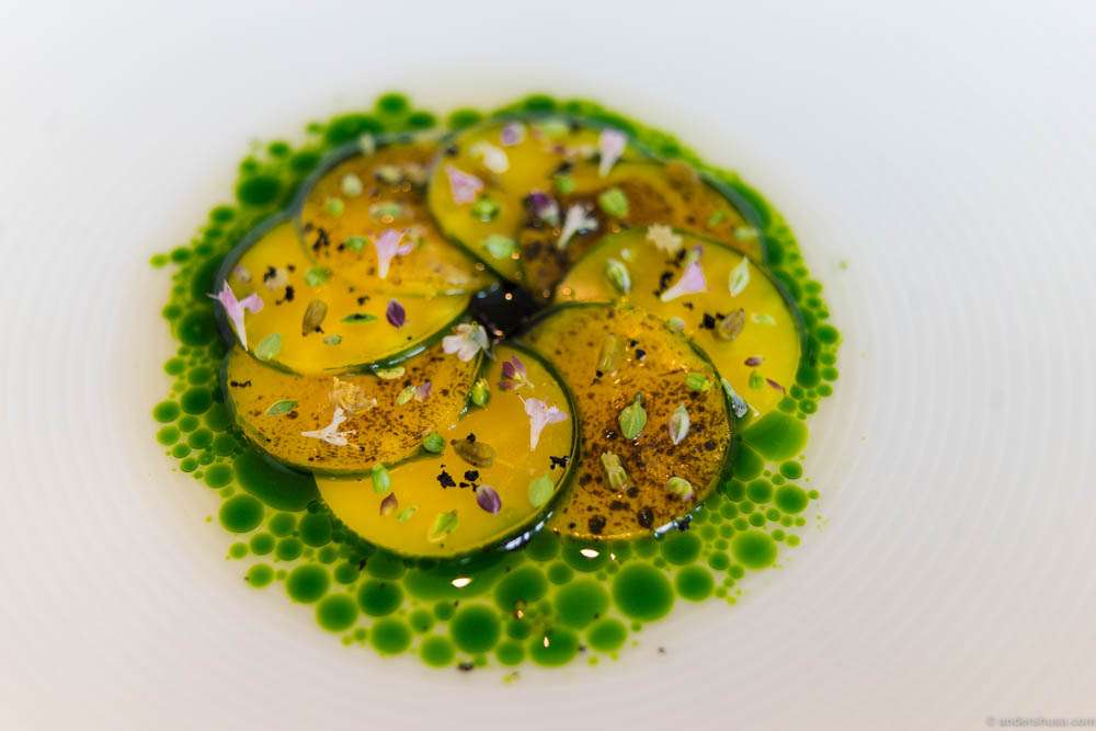Pickled yellow beets, aromatic seeds, smoked yogurt juice & beach plant oil