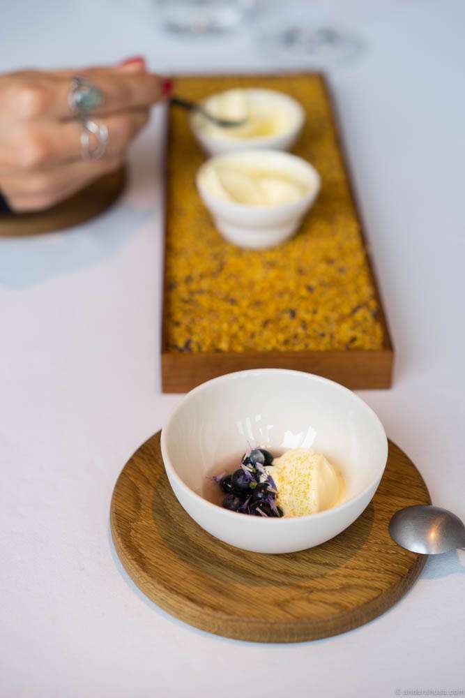 Ice cream of beeswax, pollen & honey with blueberries