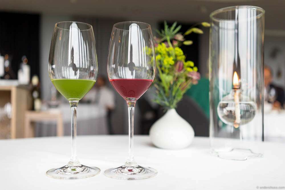 Green sorrel juice, and raspberries, honey & hiprose juice
