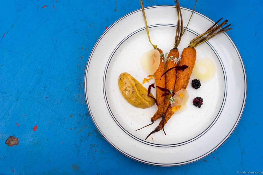 Dehydrated carrots, pickled radish, blackberries and burnt cream at restaurant Far i hatten in Malmö, Sweden