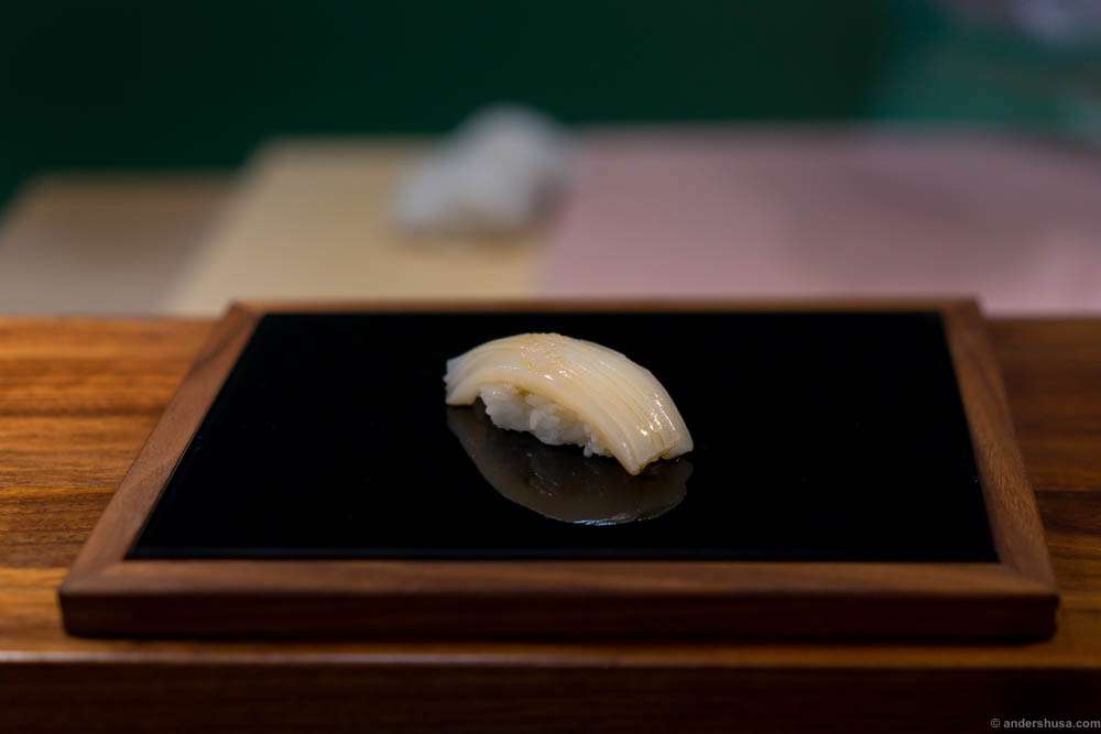 Squid with Himalaya salt and lime at restaurant Sabi Omakase in Stavanger, Norway