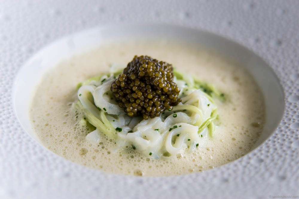 Danish squid with Champagne, oysters and Marchal Gold selection caviar at restaurant Marchal in Hotel D'Angleterre, Copenhagen, Denmark