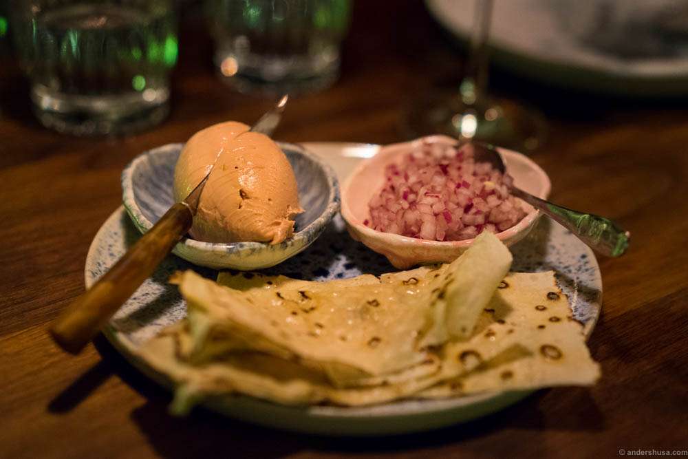 Duck liver with garlic bread and red onion at restaurant Pjoltergeist in Oslo, Norway