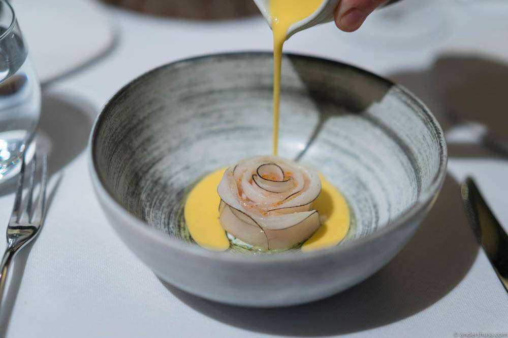 Rose of seabass & black radish with tomato at restaurant Hertog Jan in Bruges, Belgium