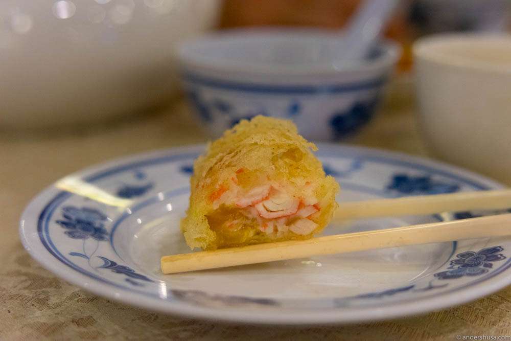 Crab, mango puree and mayo covered in light, crispy, fried tempura at restaurant Red Star Dim Sum in Singapore
