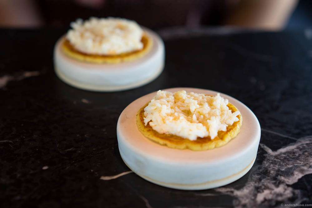 Potato pancake with king crab, elderberry & seaweed at restaurant Maaemo in Oslo, Norway