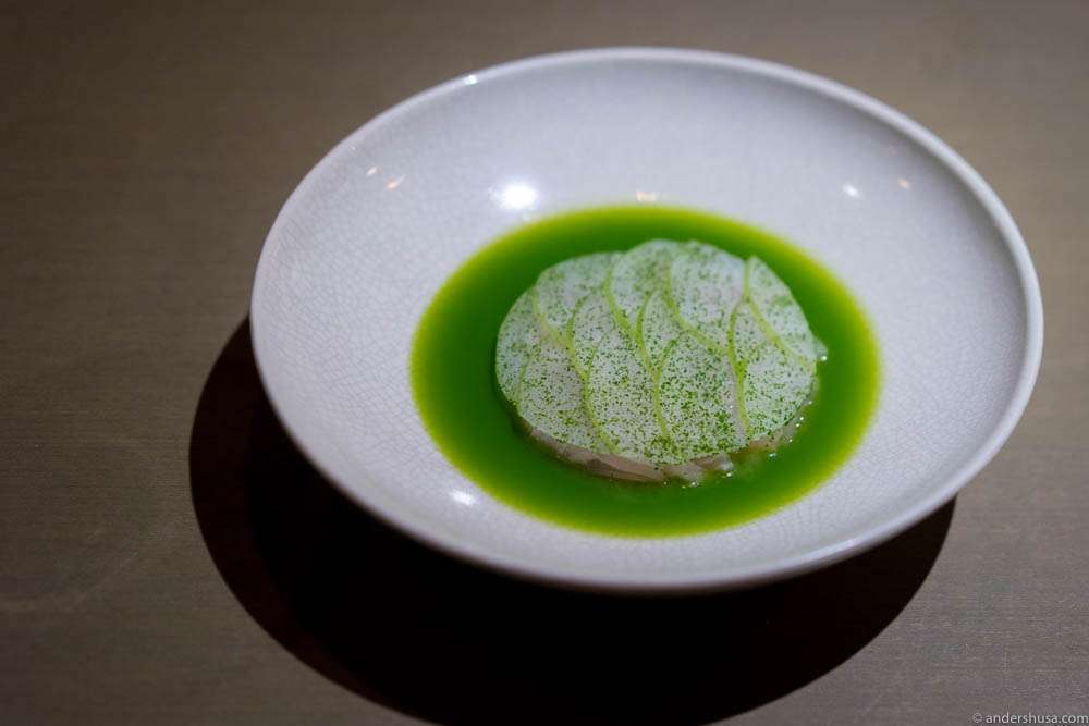 Kampachi crudo, sorrel, preserved green mango & rose geranium