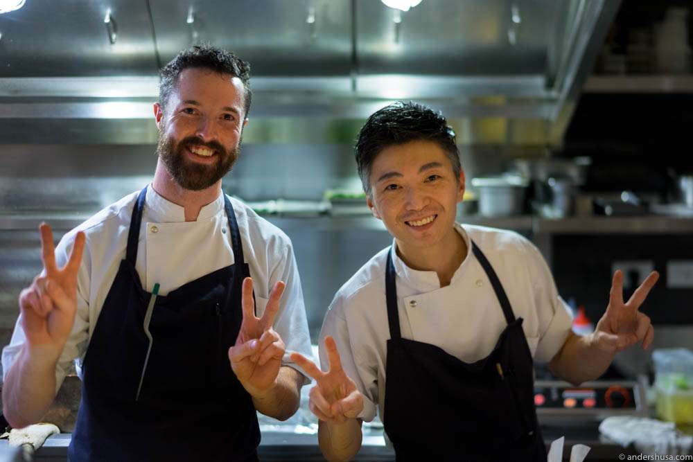 Two of the head chefs at work. Australian Kai Ward on the left and Hong Kong-born Richie Lin on the right