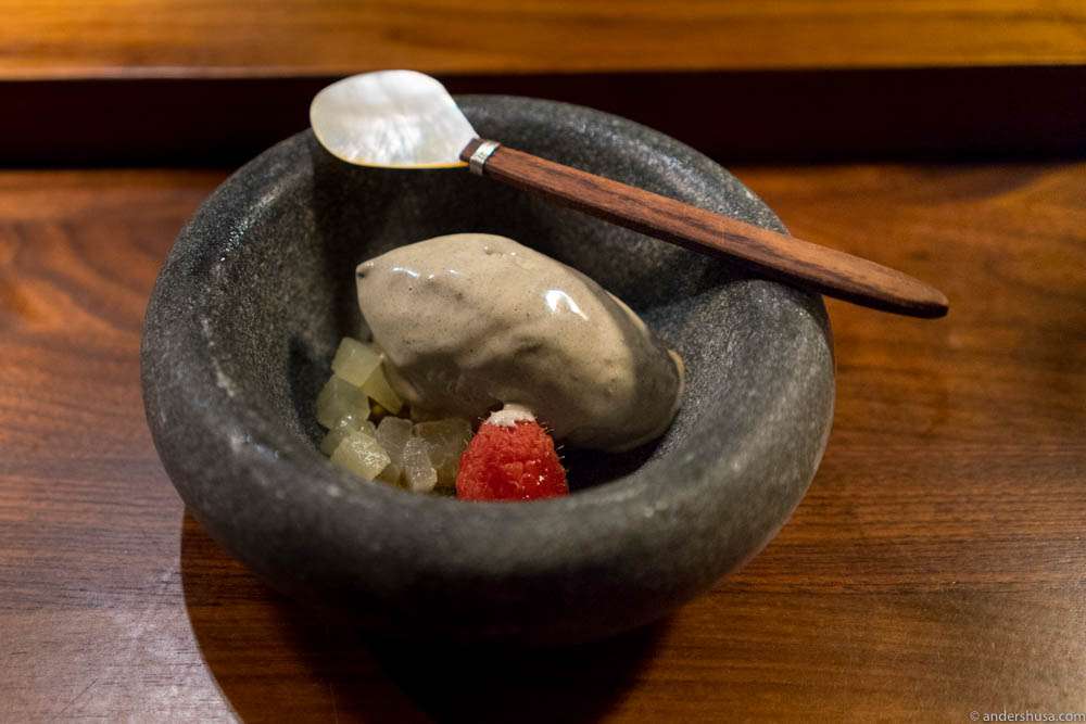 Black sesame ice cream, melon, raspberries & syrup marinated tapioca