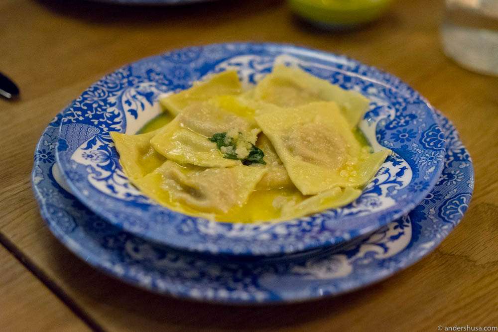 Ravioli with sweet potato, almonds, orange zest & butter