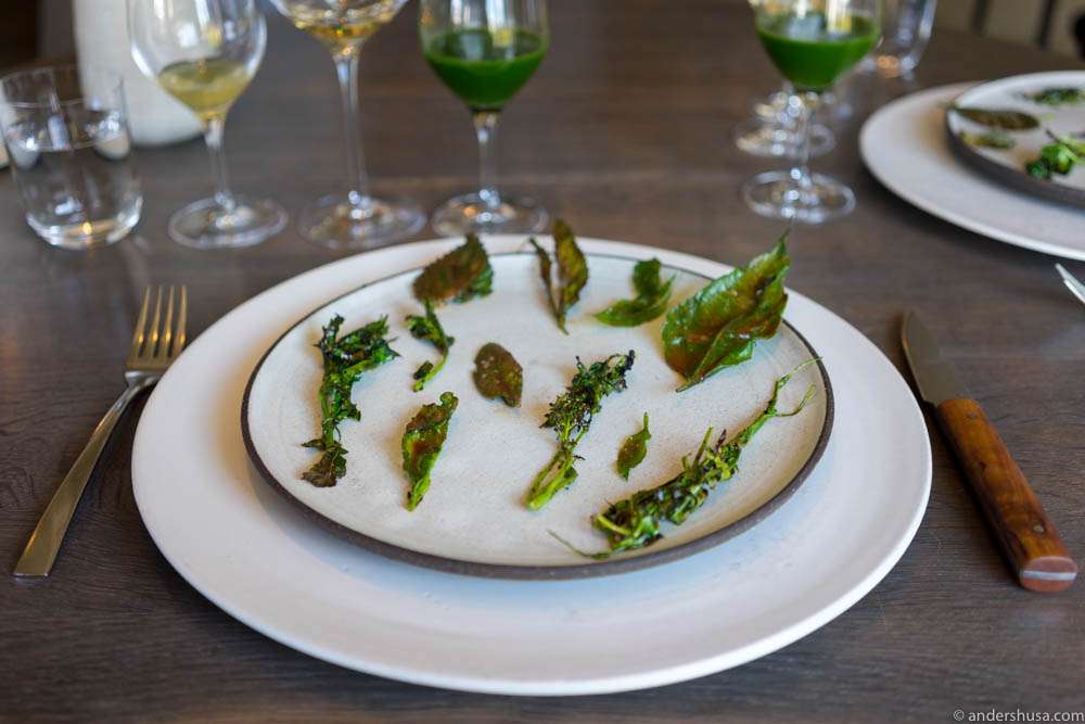 Charred greens with a scallop paste