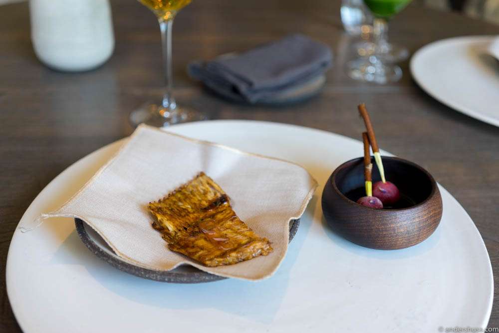 Turbot ribs with a mushroom glaze served with pickled gooseberries