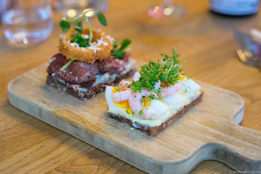Steak & onion rings. Hand-peeled shrimps, egg, mayo & cress.