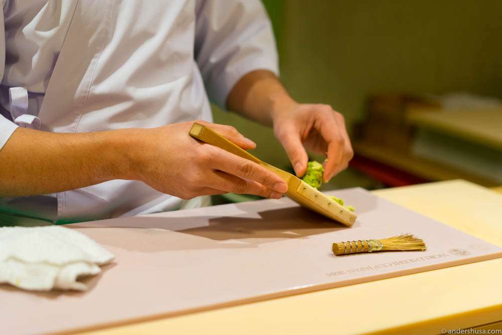 Grating fresh wasabi root from England