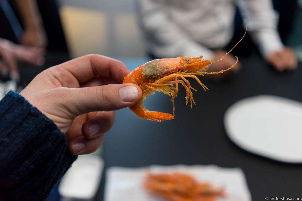 You eat the prawn with the shell, but not the head
