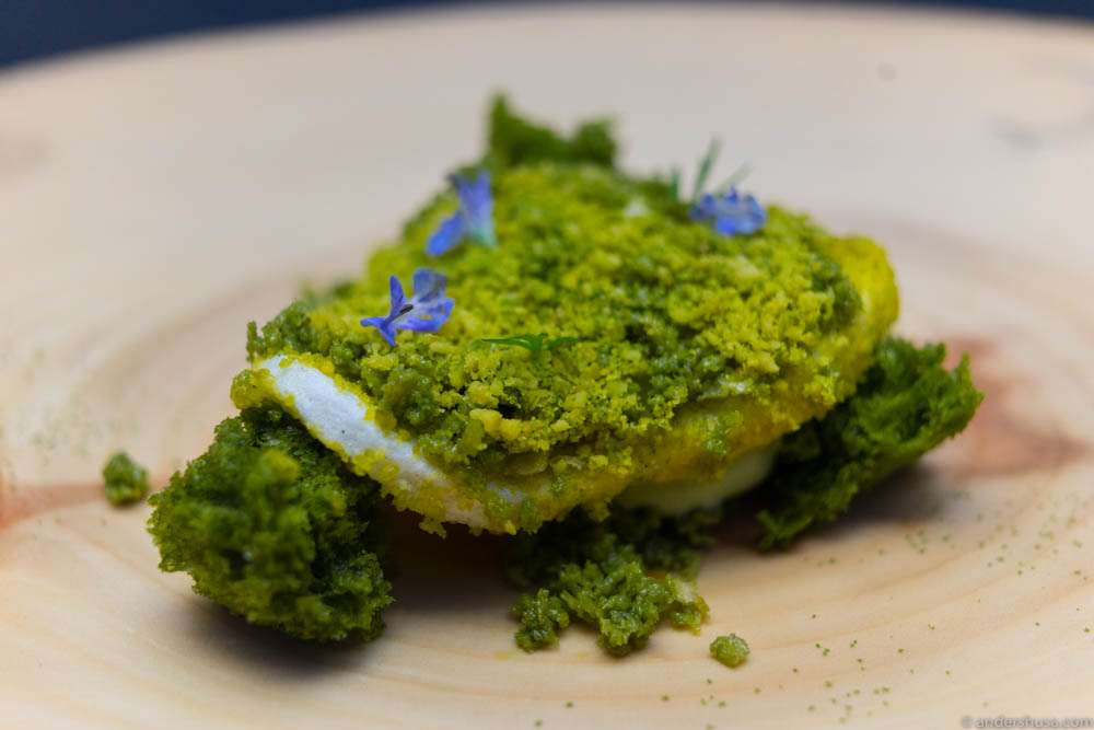 Moss on the forest floor. Green apple meringue and mousse with matcha cake, cream and pistachio crumbles.