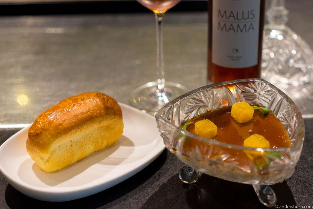 Late night snack in the kitchen: Cuba Libre of foie gras, rum and Coca Cola with frozen lemon granita and brioche