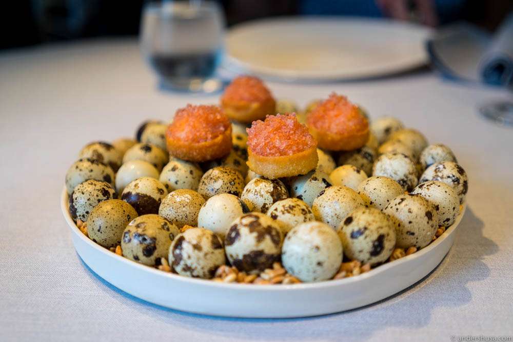 Egg with eggs and egg (lumpfish roe, baked quail egg and dried cod roe)