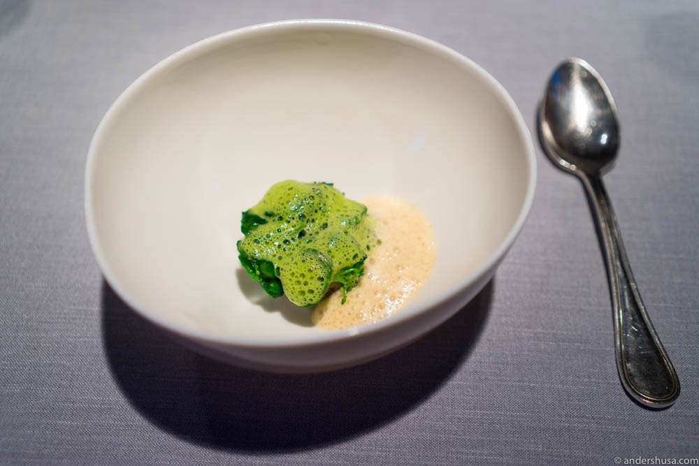 Duck egg cured in beer and dill, egg white, broccoli and greens from the garden