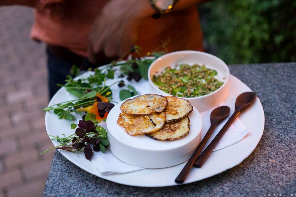 Codhead, baby cucumbers and elderflower, garden flowers & buckwheat pancakes
