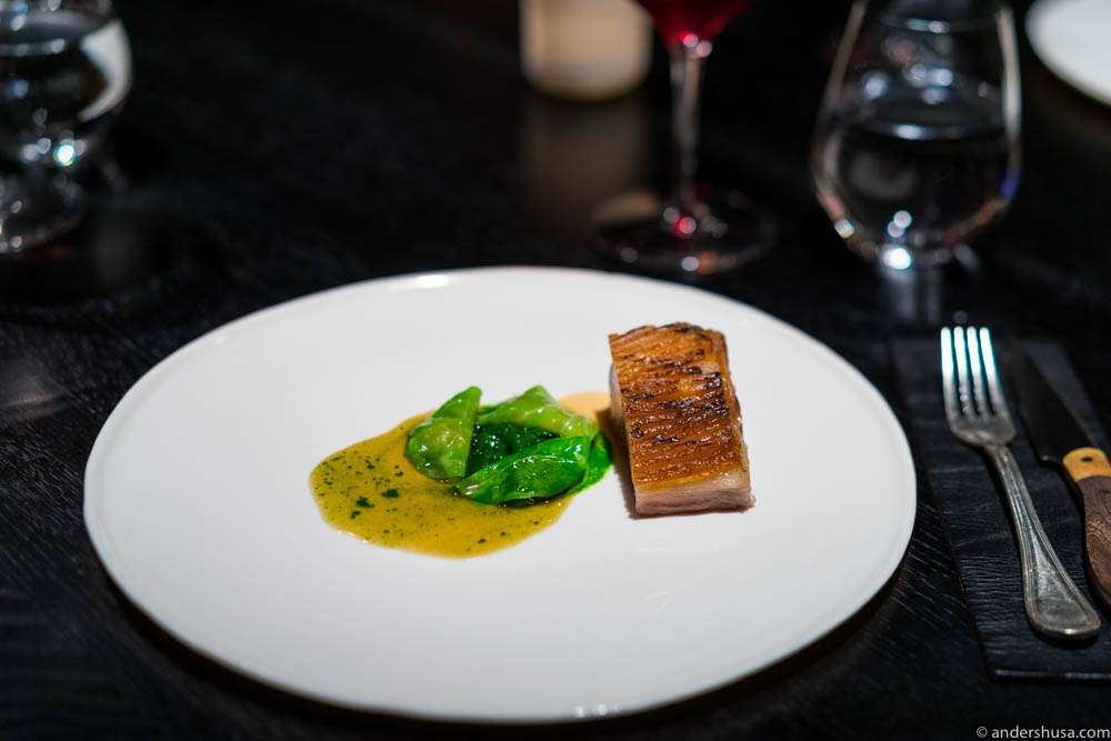 4 months-old Suffolk lamb, cabbage, beach plants, and goat butter