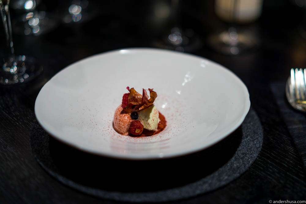 Ice creams of wild strawberries and whitebeam tree, grilled sweet roses, freeze-dried raspberries and blueberries