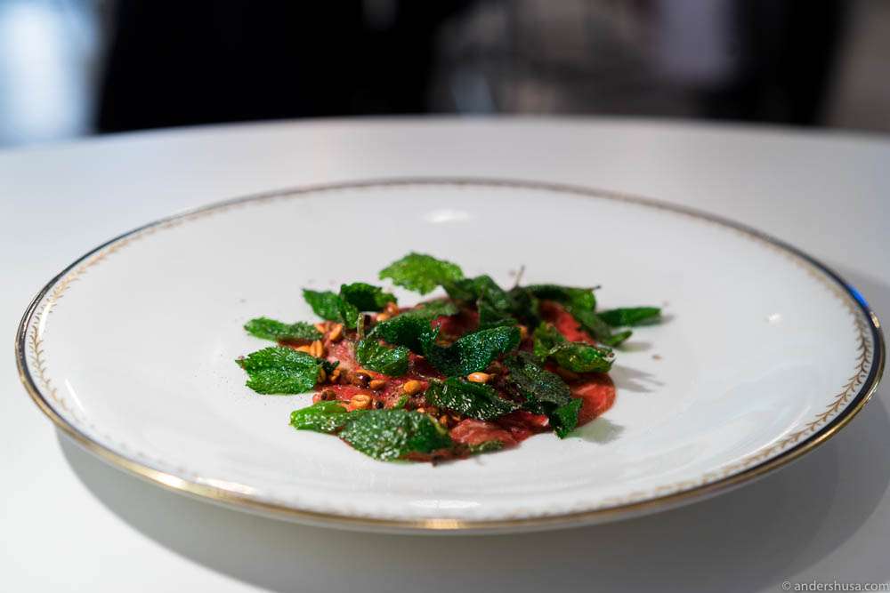 Carpaccio with deep fried bishop's weed and toasted spelt seeds
